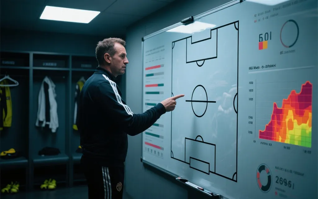 教练在战术板前布置阵型，旁边是数据图表的比赛分析场景